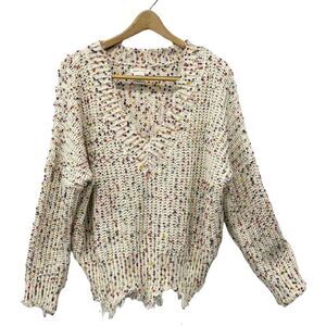Main Strip Women Pullover Raw‎ Hem Cuffs Sweater Sm Cream Confetti V-Neck